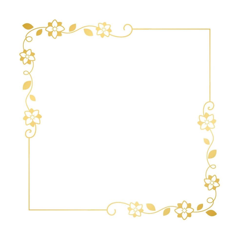 Gold floral square frame. Elegant line border, leaves and flowers, wedding invitation and cards, logo design and posters template. Simple minimal style botanical vector art.