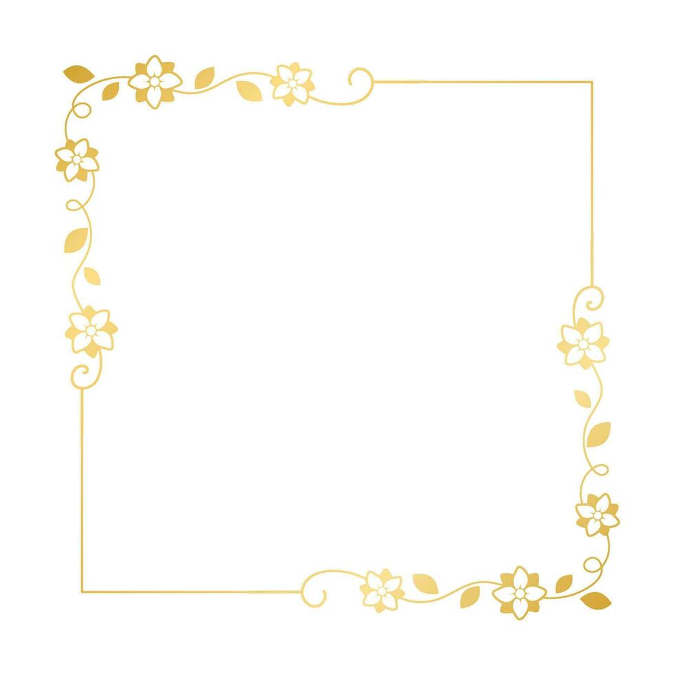 Gold floral square frame. Elegant line border, leaves and flowers, wedding invitation and cards, logo design and posters template. Simple minimal style botanical vector art.