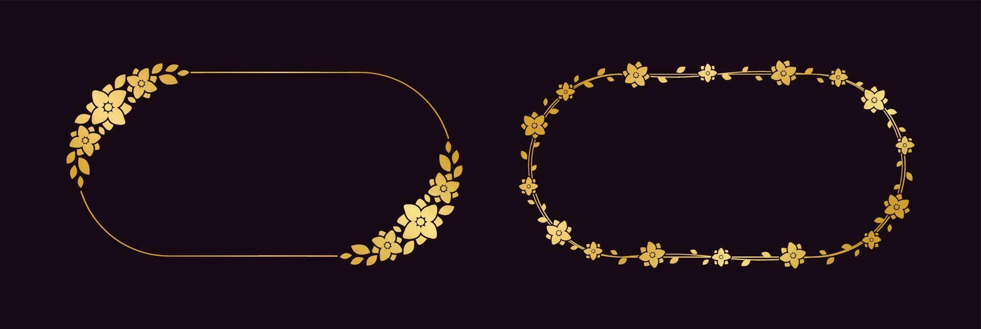 Gold oval floral frame set. Luxury golden frame border for invite, wedding, certificate. Vector art with flowers and leaves.