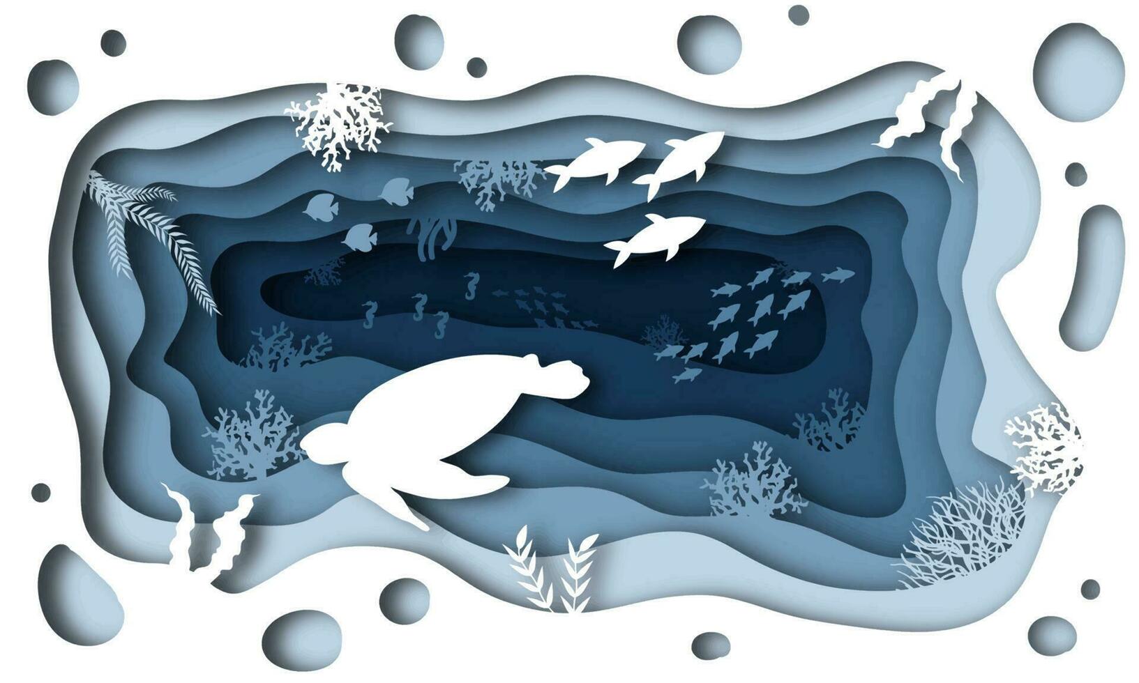 Ocean Day paper art concept. A celebration dedicated to help protect and conserve the world oceans, waters, ecosystems. Blue 3D folded paper craft paper of ocean waves, fish and plants. vector