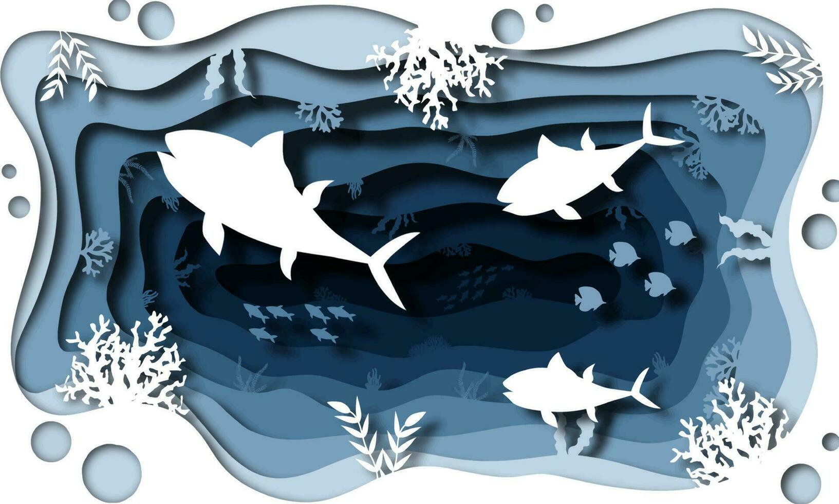 Ocean Day paper art concept. A celebration dedicated to help protect and conserve the world oceans, waters, ecosystems. Blue 3D folded paper craft paper of ocean waves, fish and plants. vector