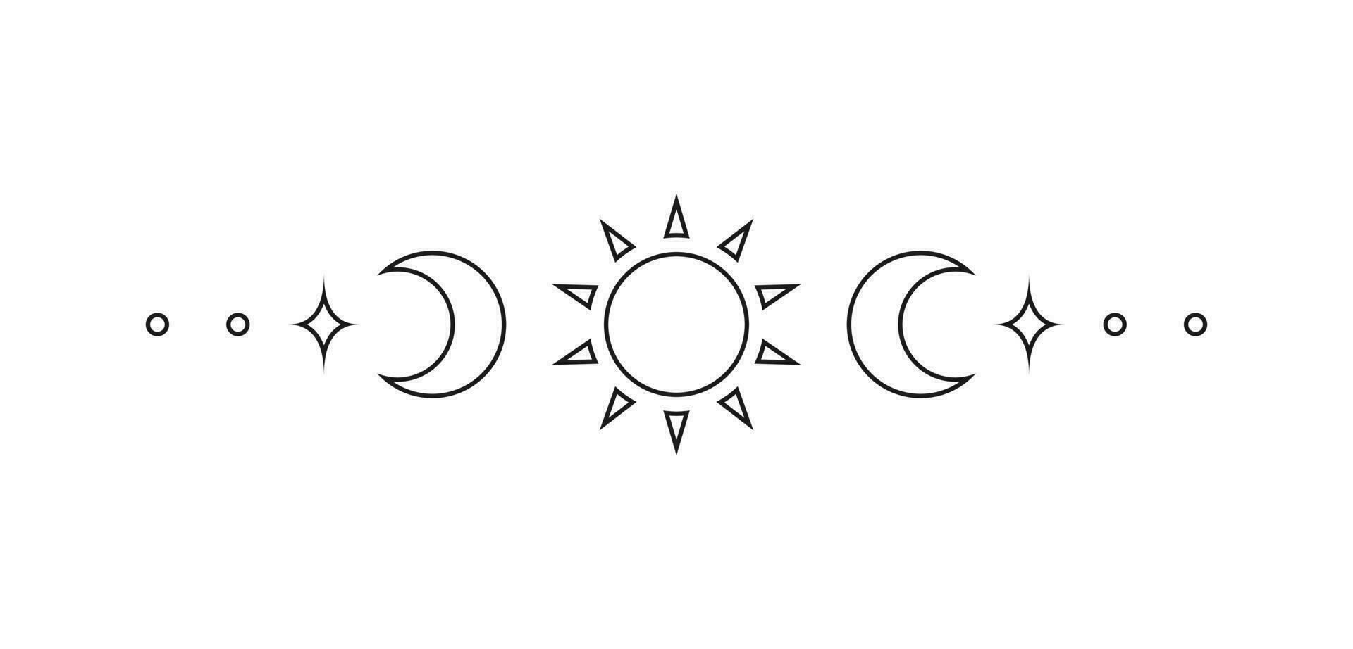 Celestial text divider with sun, stars, moon phases, crescents. Ornate boho mystic separator decorative element vector