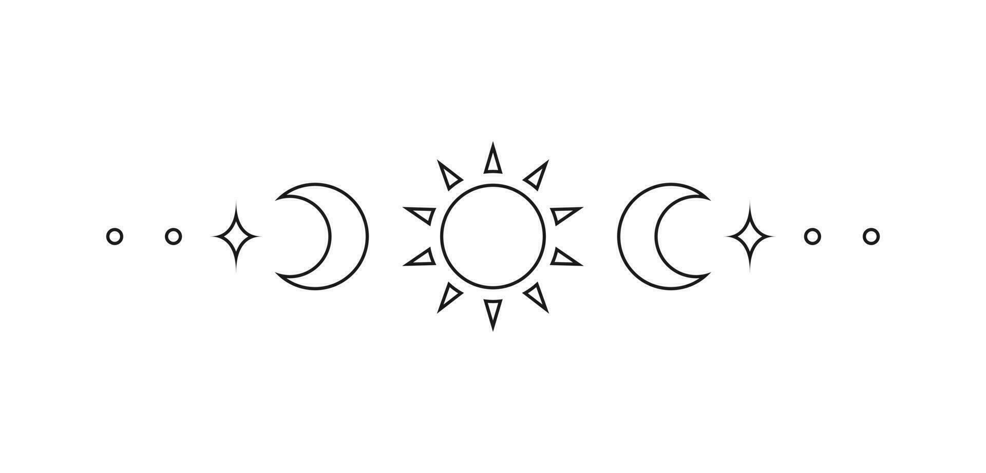 Celestial text divider with sun, stars, moon phases, crescents. Ornate boho mystic separator decorative element vector