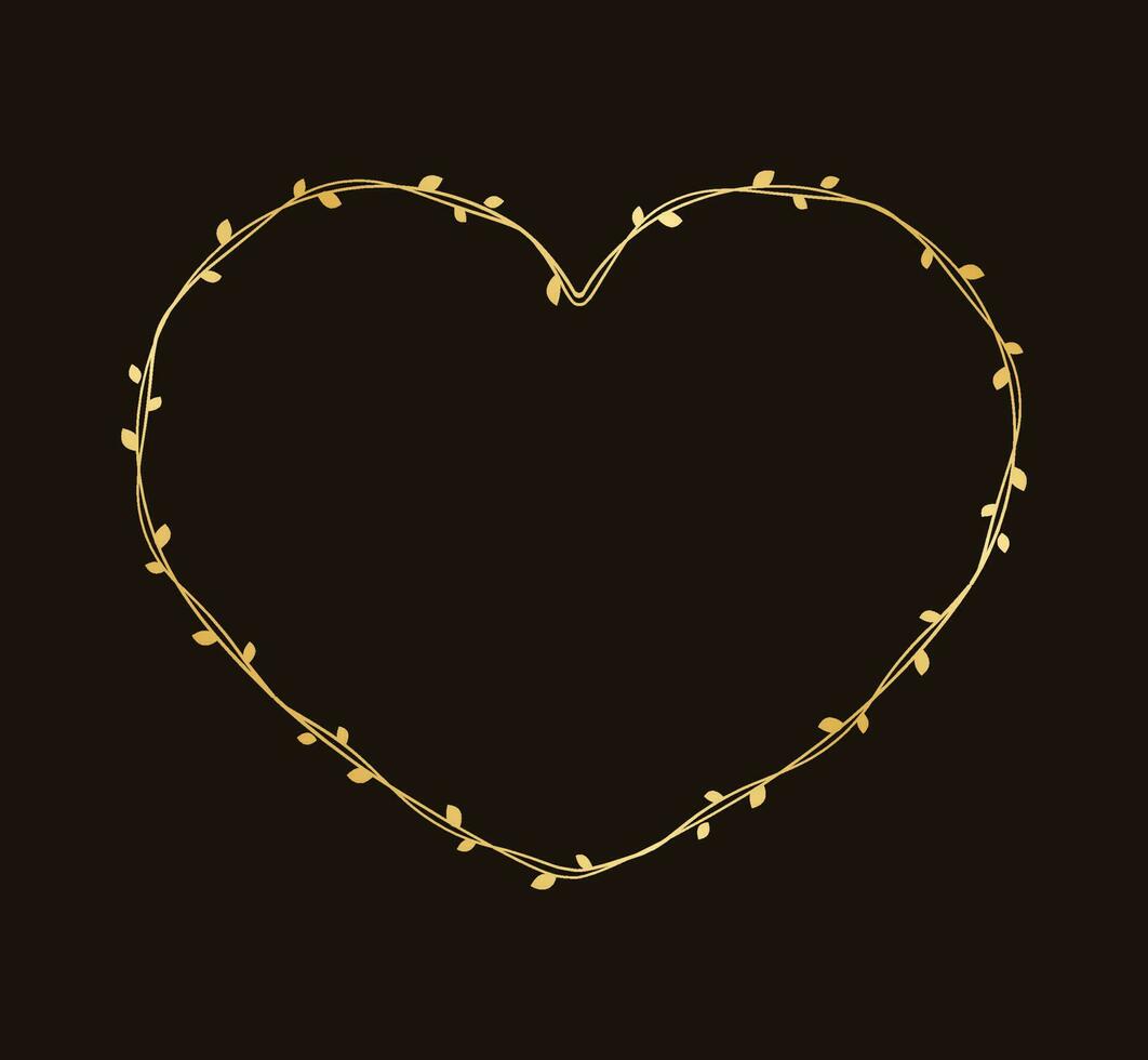 Gold Heart Shape Frame Made of Vine Leaves. Floral Valentines Day, Spring Summer Design Element, Love Concept vector