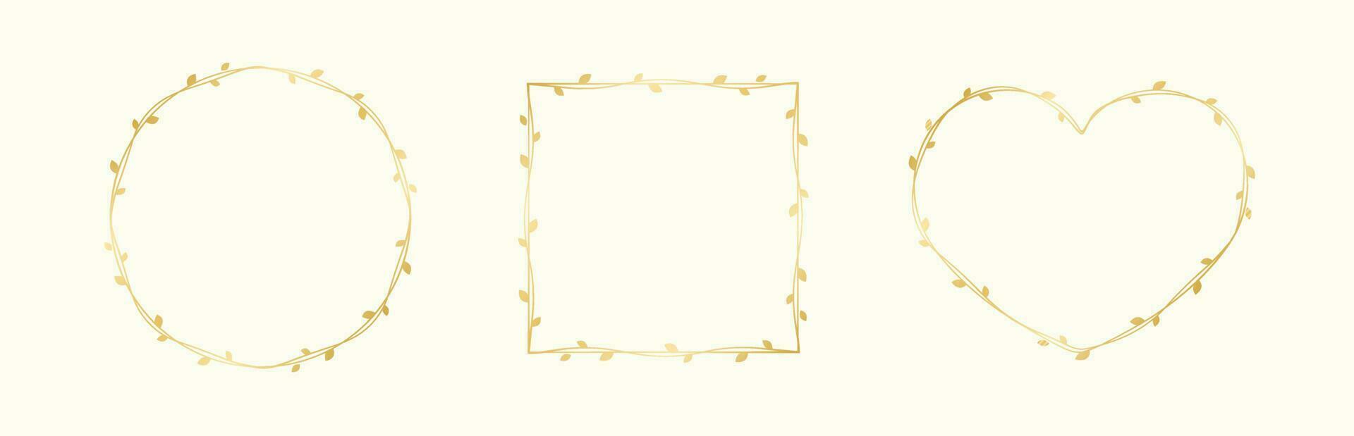 Gold vine frame wedding elegant wreath set. Golden frame with botanical design. Vector isolated illustration.