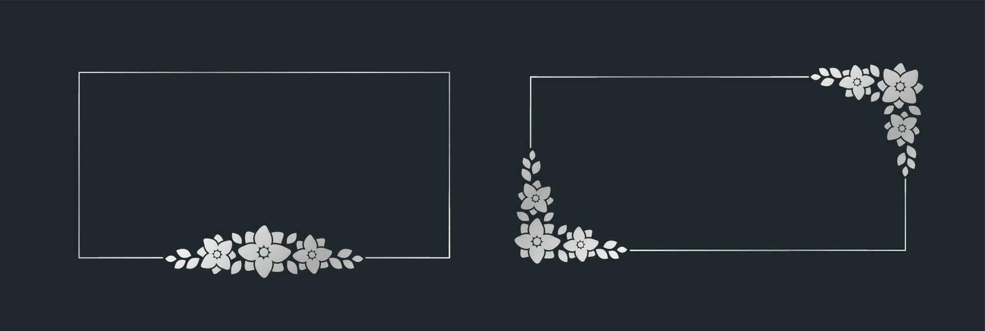 Rectangle silver floral frame collection. Luxury golden frame border for invite, wedding, certificate. Vector art with flowers and leaves.