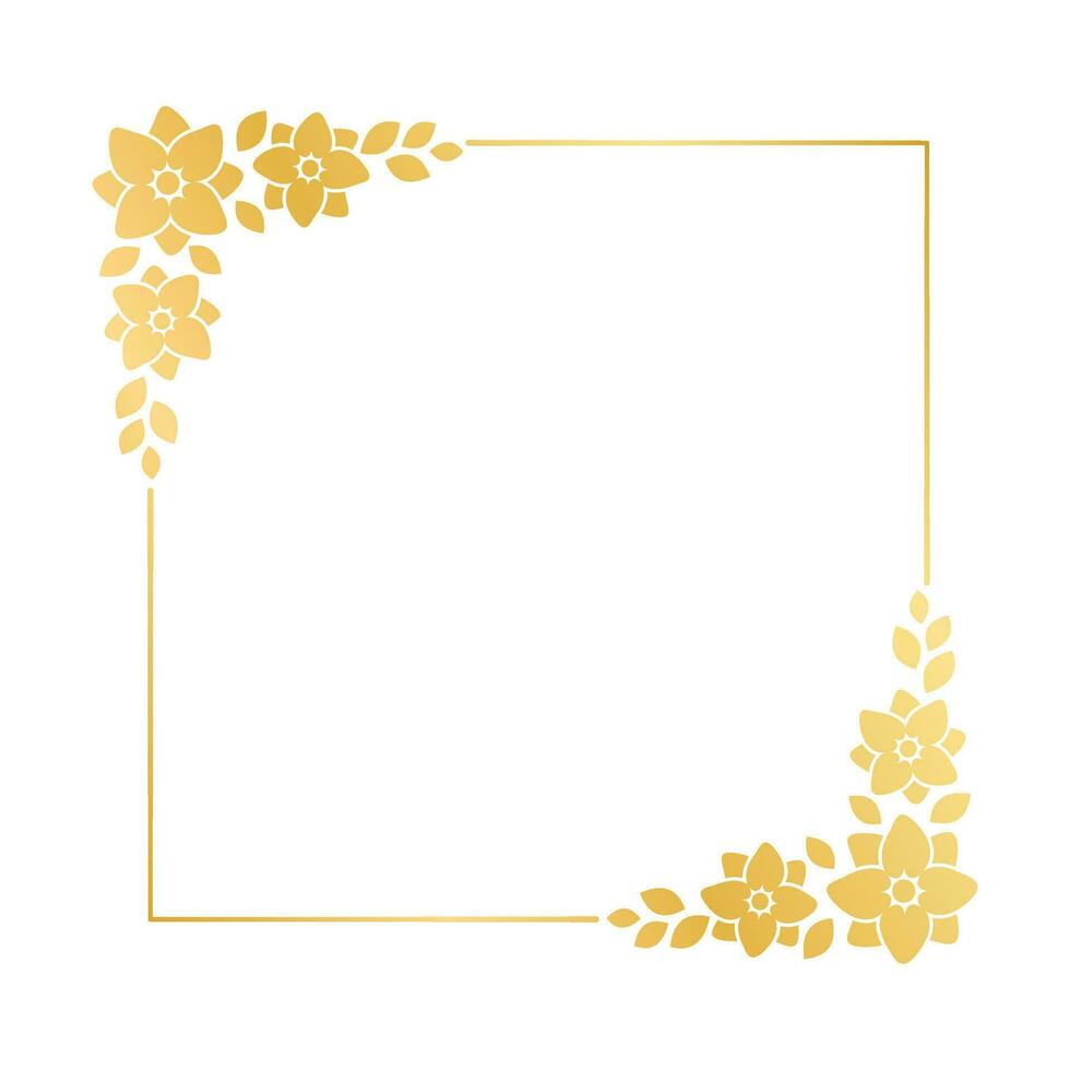 Square gold floral frame template. Luxury golden frame border for invite, wedding, certificate. Vector art with flowers and leaves.