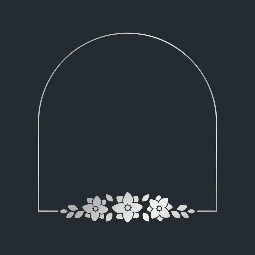 Silver geometric floral frame template. Luxury golden frame border for invite, wedding, certificate. Vector art with flowers and leaves.