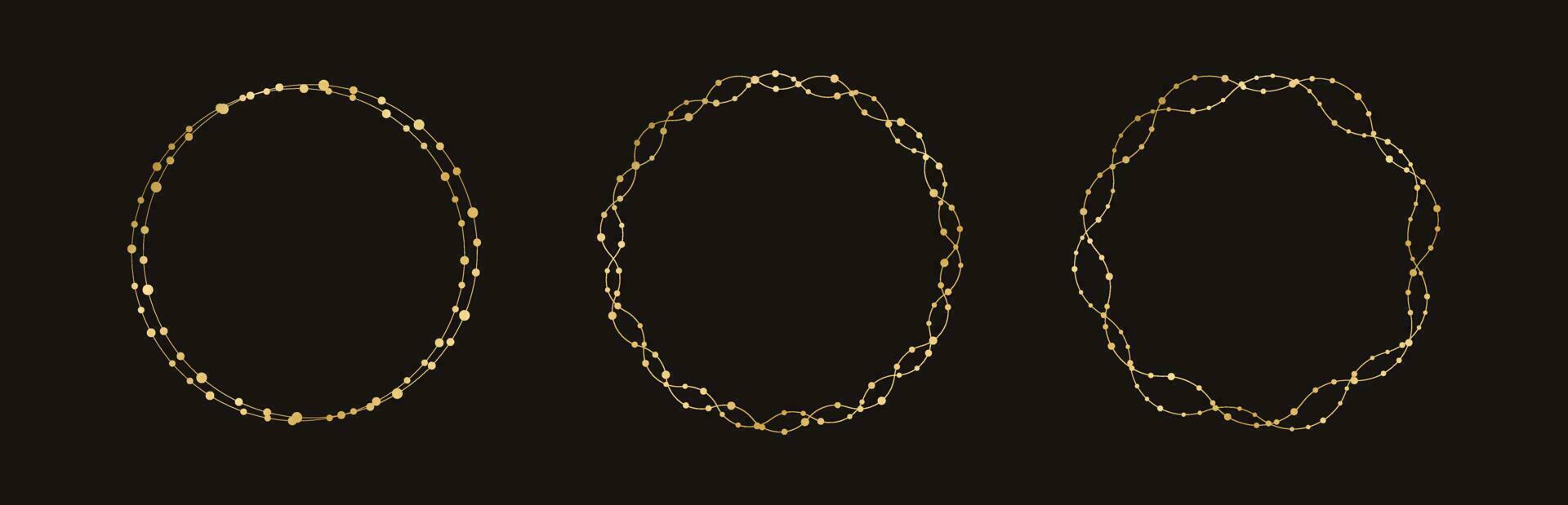 Gold Round Christmas Fairy Lights Frame Border Set. Abstract golden dots circle frame collection. vector