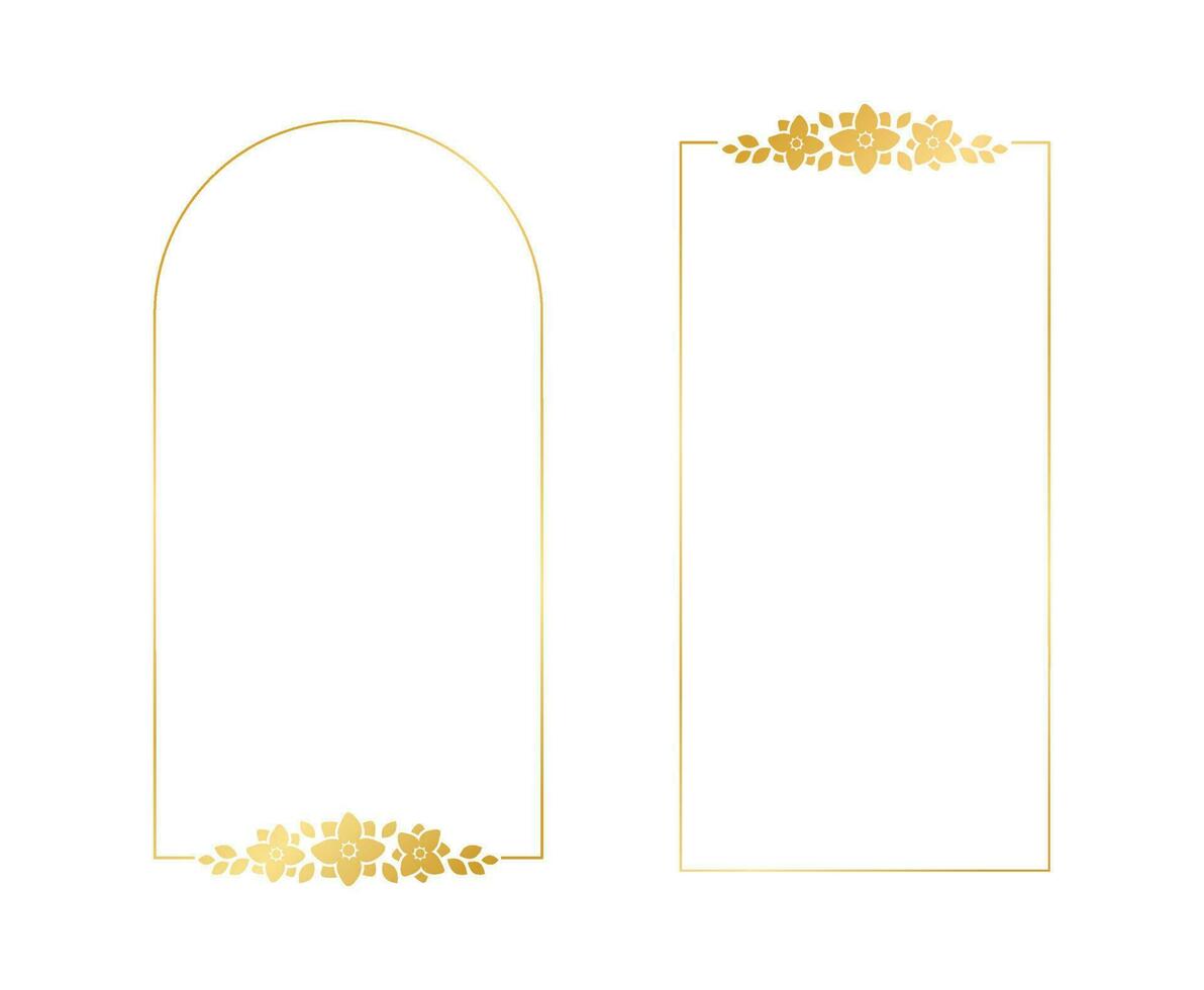 Geometric vertical gold floral frame collection set. Luxury golden frame border for invite, wedding, certificate. Vector art with flowers and leaves.