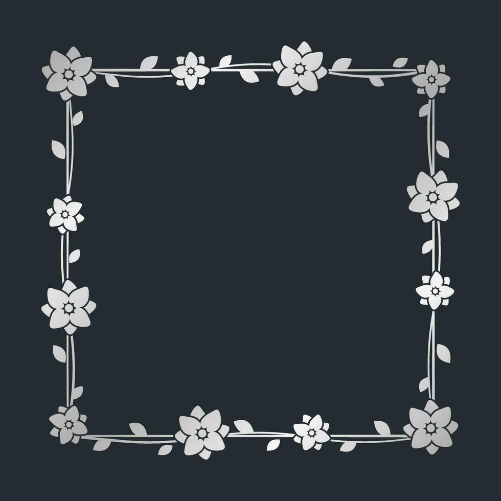 Square silver floral frame template. Luxury golden frame border for invite, wedding, certificate. Vector art with flowers and leaves.