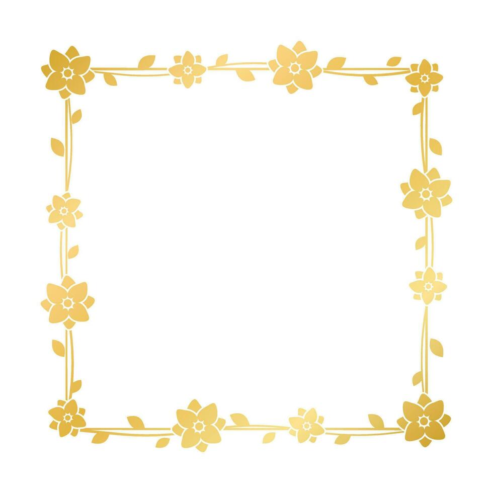 Square gold floral frame template. Luxury golden frame border for invite, wedding, certificate. Vector art with flowers and leaves.