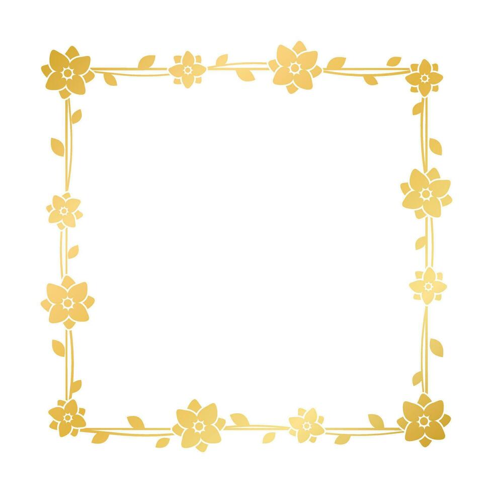 Square gold floral frame template. Luxury golden frame border for invite, wedding, certificate. Vector art with flowers and leaves.