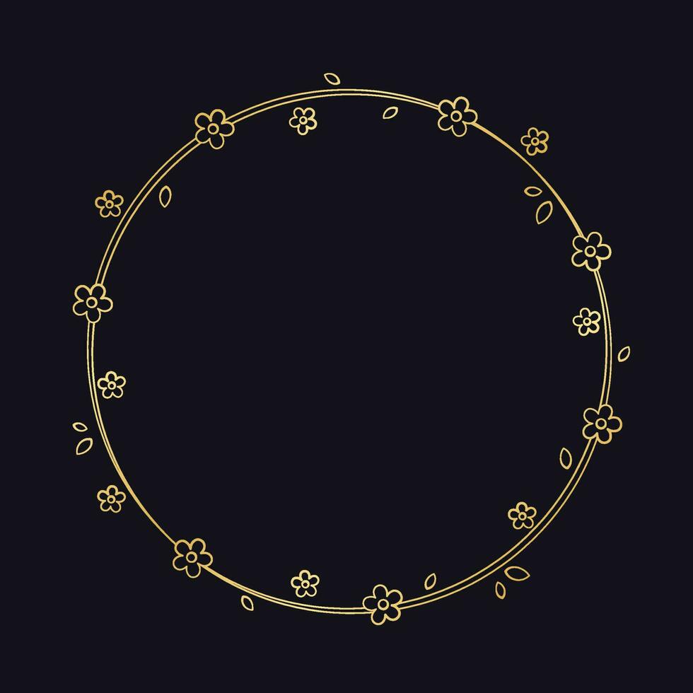 Gold Round Floral Frame Outline Doodle. Spring botanical circle border template, flourish design element for wedding, greeting card. vector
