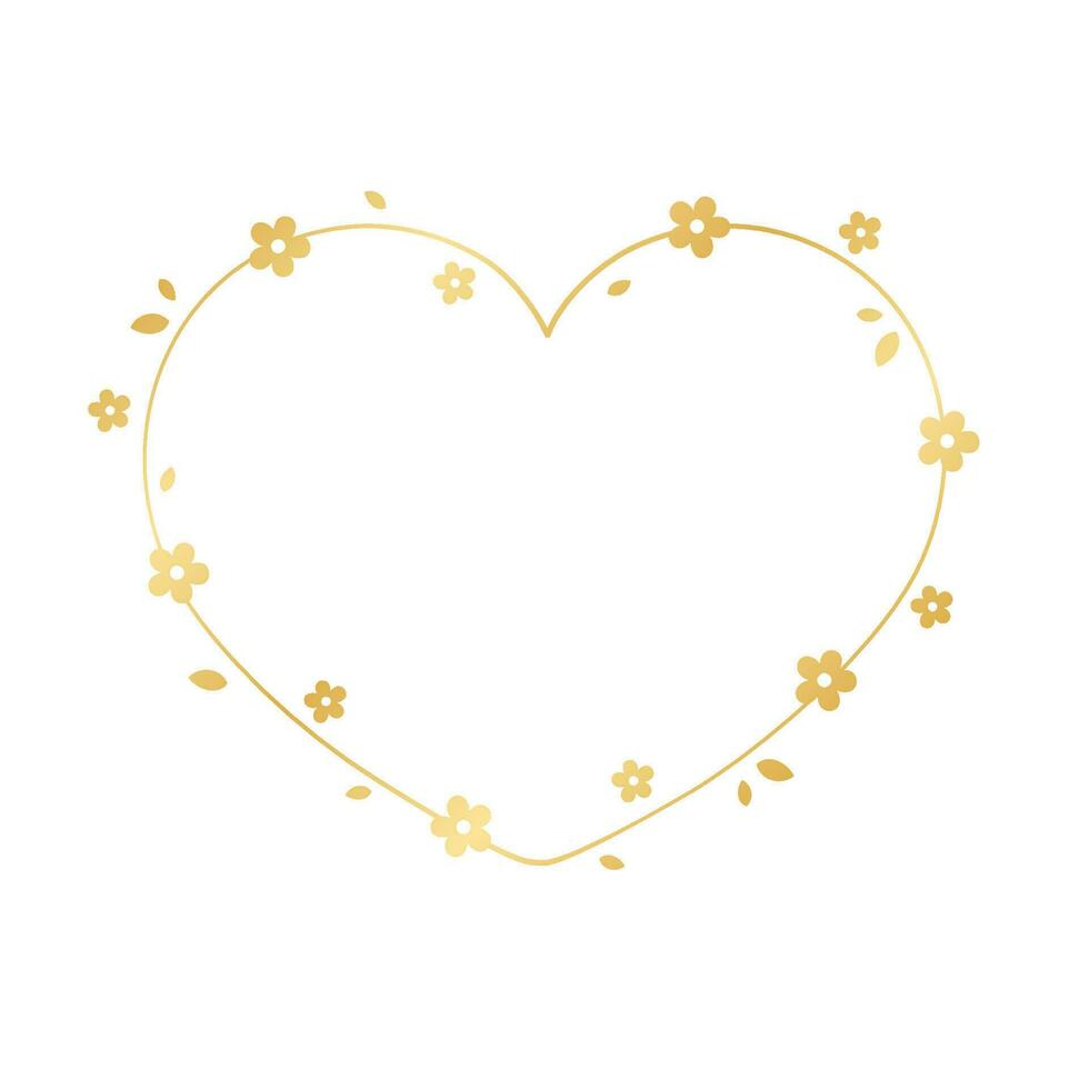 Gold Heart Floral Frame Silhouette Doodle. Valentines Day, Spring border template, flourish design element for wedding, greeting card. vector