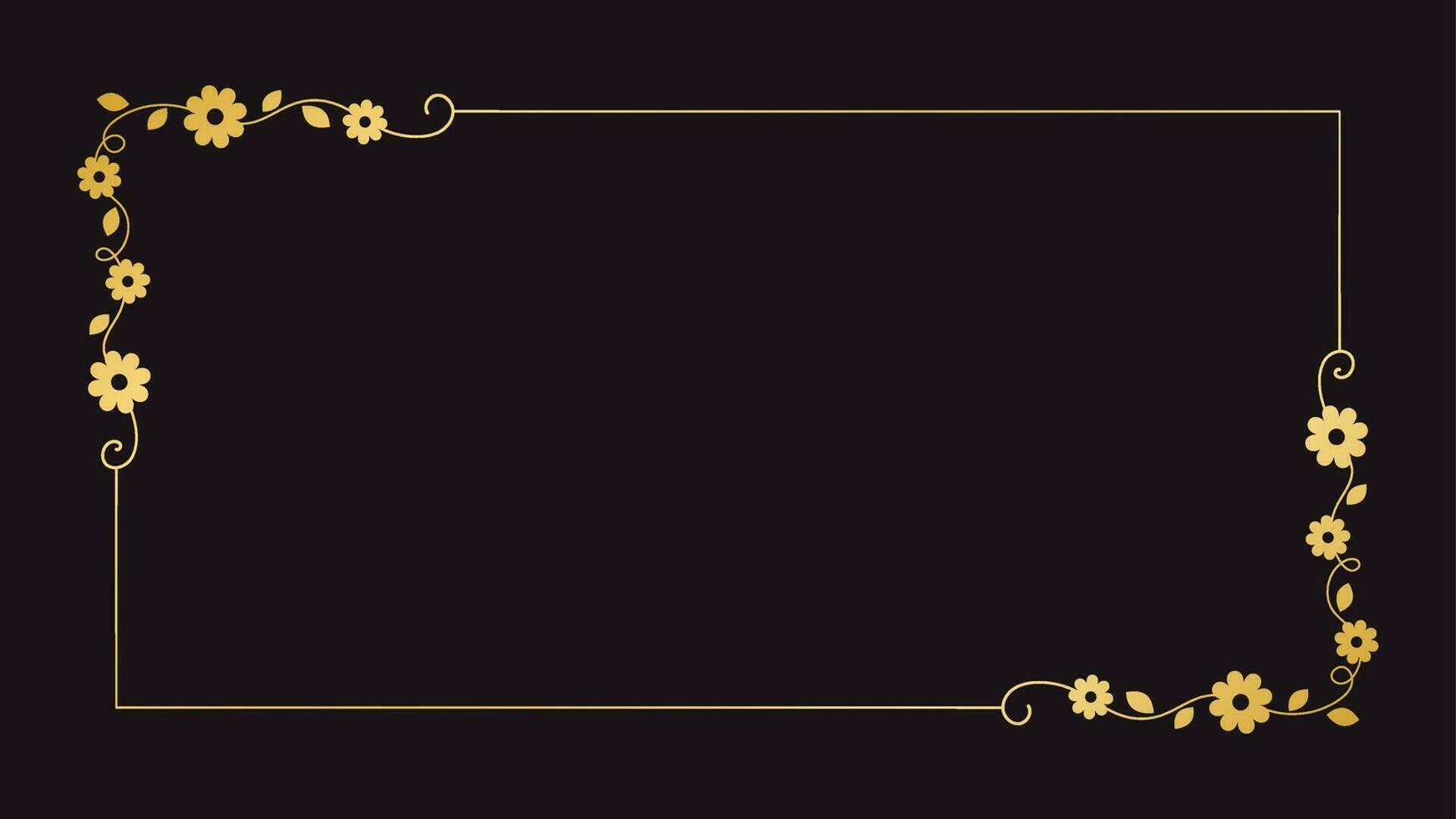 Gold floral rectangle frame. Simple line border, leaves and flowers, wedding invitation and cards, logo design and posters template. Elegant minimal style floral vector isolated