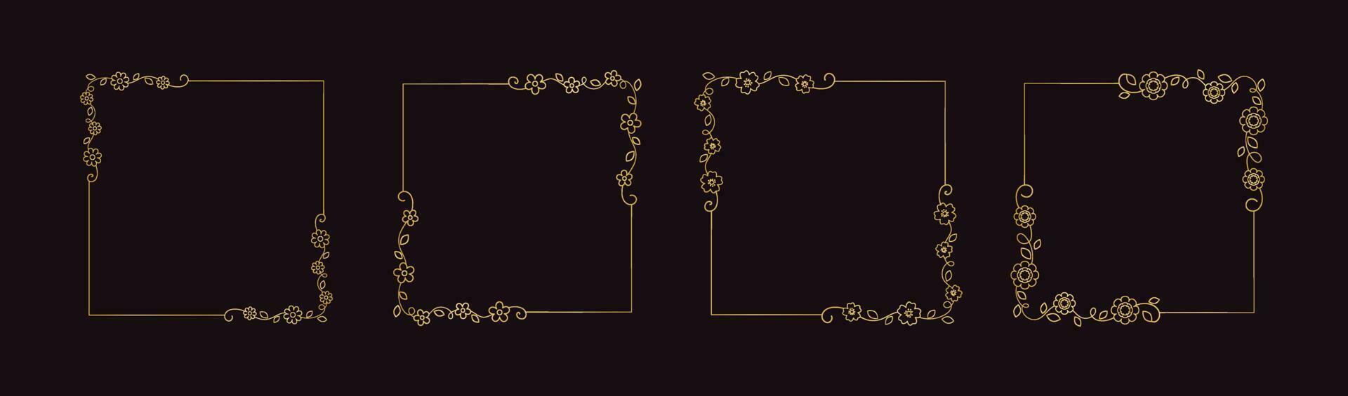 Botanical gold square frame set. Simple line border, leaves and flowers, wedding invitation and cards, logo design and posters template. Elegant minimal style floral vector isolated