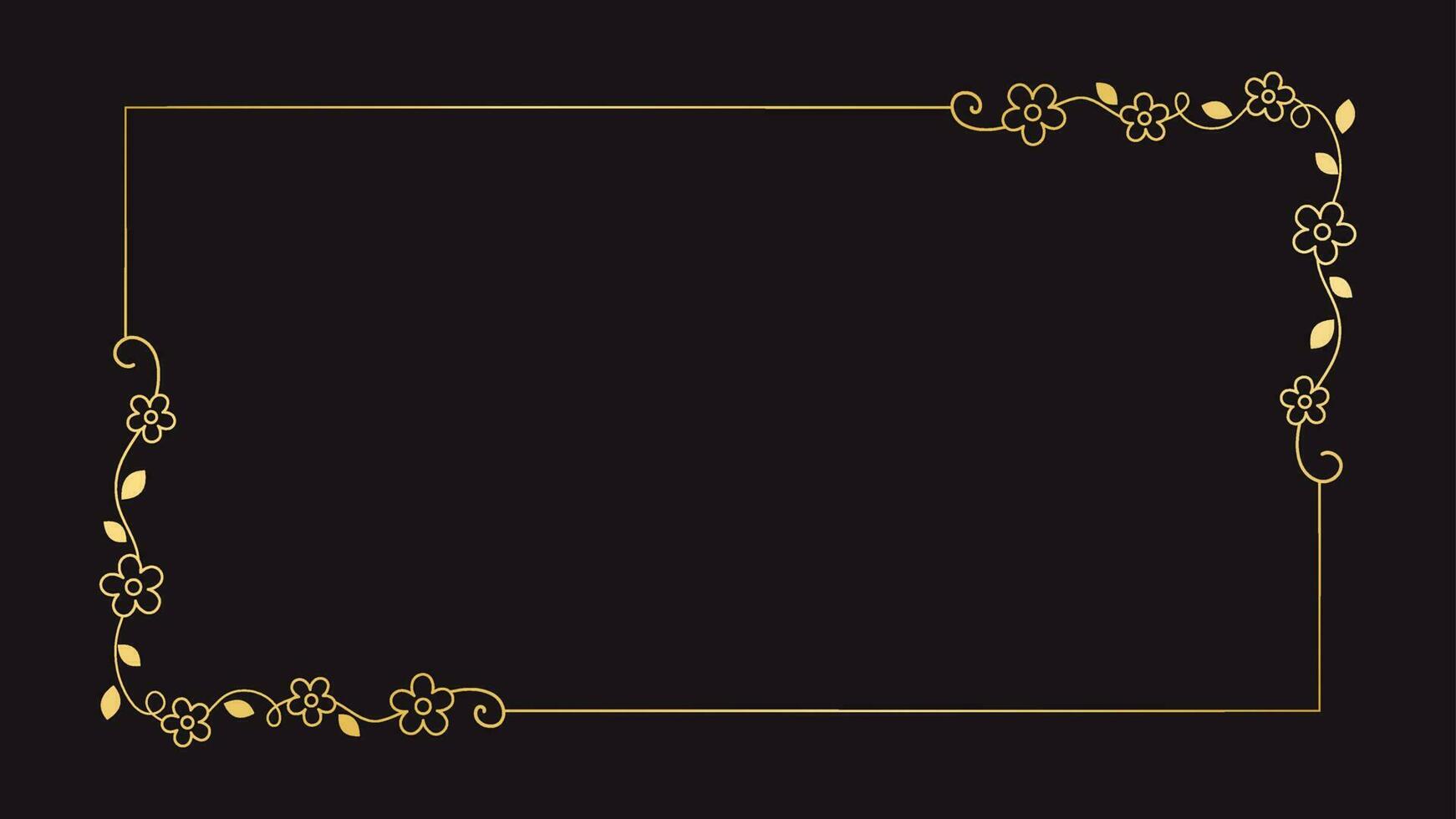Gold floral rectangle frame. Simple line border, leaves and flowers, wedding invitation and cards, logo design and posters template. Elegant minimal style floral vector isolated