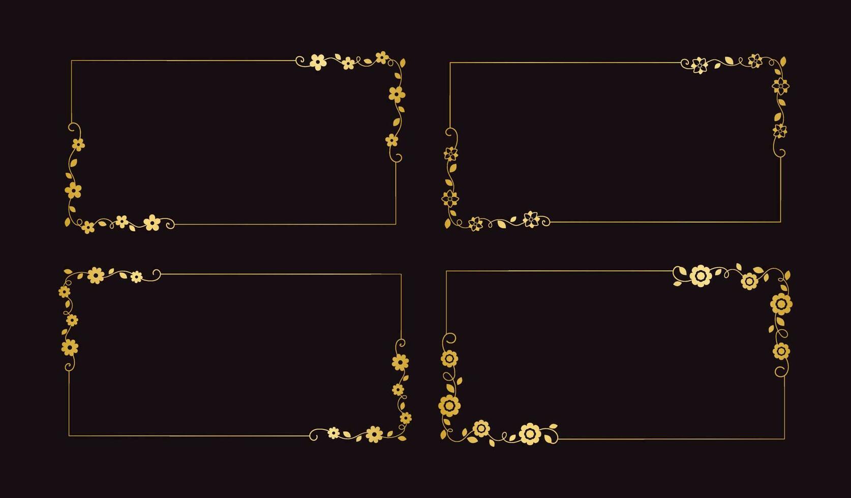 Gold Floral rectangle frame set. Simple line border, leaves and flowers, wedding invitation and cards, logo design and posters template. Elegant minimal style floral vector isolated