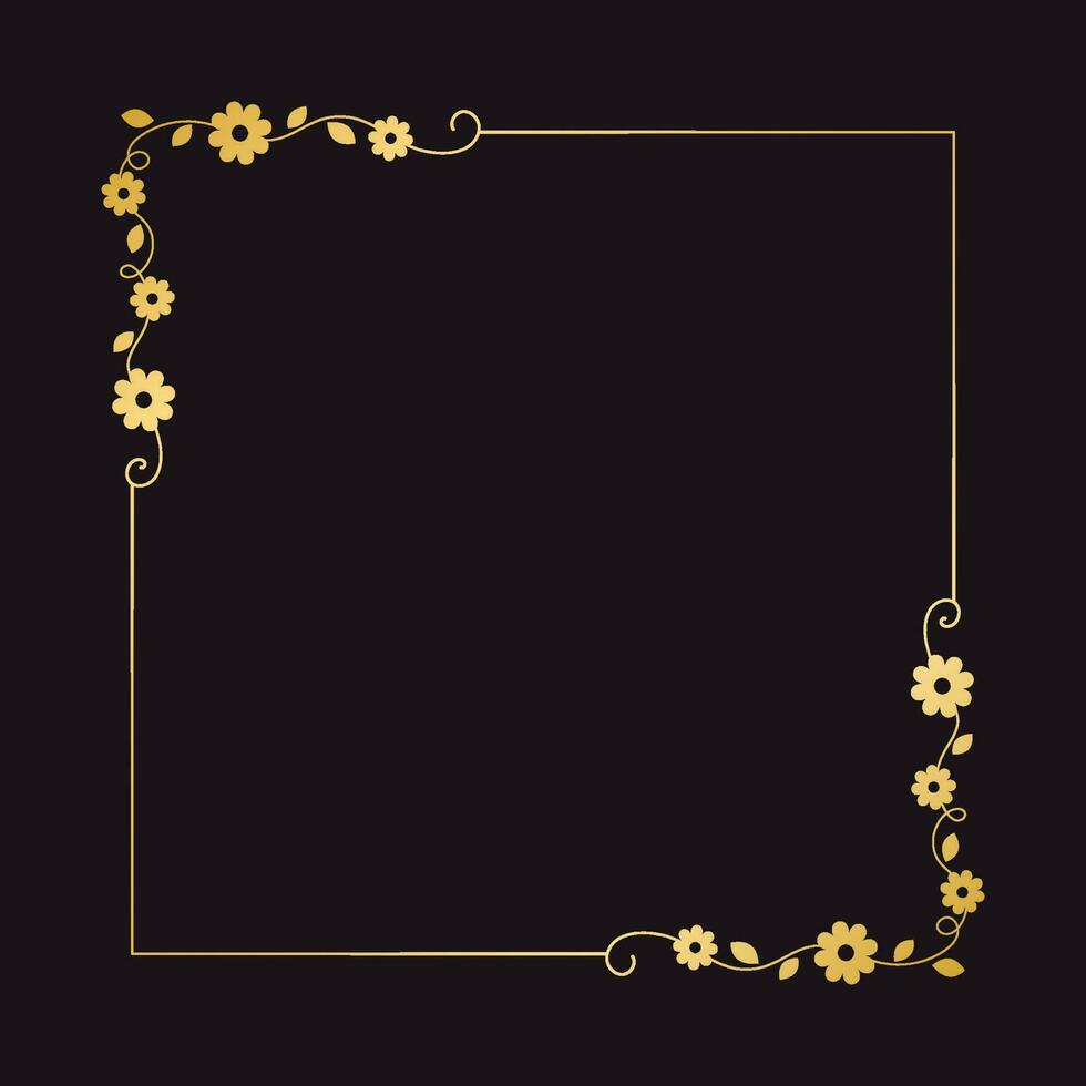 Gold floral square frame. Elegant line border, leaves and flowers, wedding invitation and cards, logo design and posters template. Simple minimal style botanical vector art.