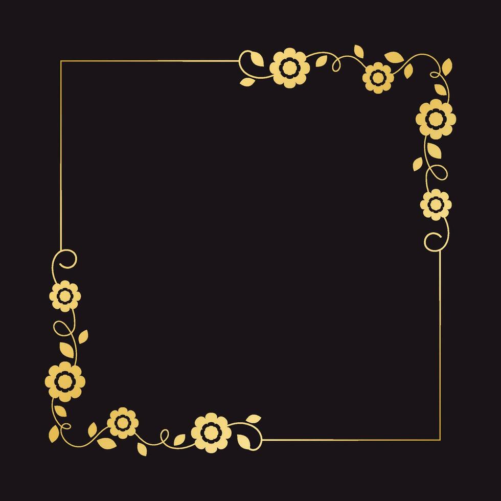 Gold floral square frame. Elegant line border, leaves and flowers, wedding invitation and cards, logo design and posters template. Simple minimal style botanical vector art.