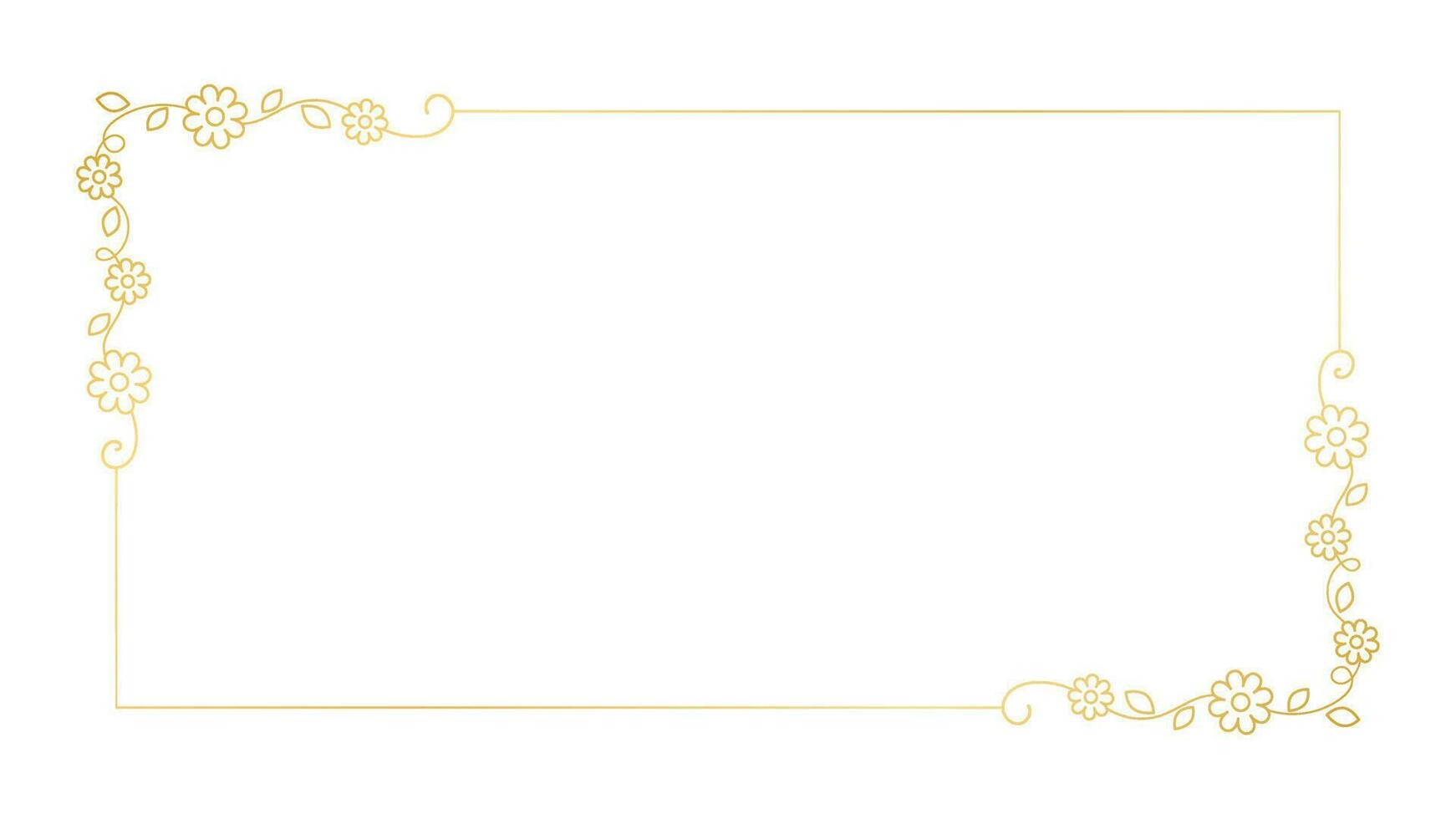 Gold floral rectangle frame. Simple line border, leaves and flowers, wedding invitation and cards, logo design and posters template. Elegant minimal style floral vector isolated