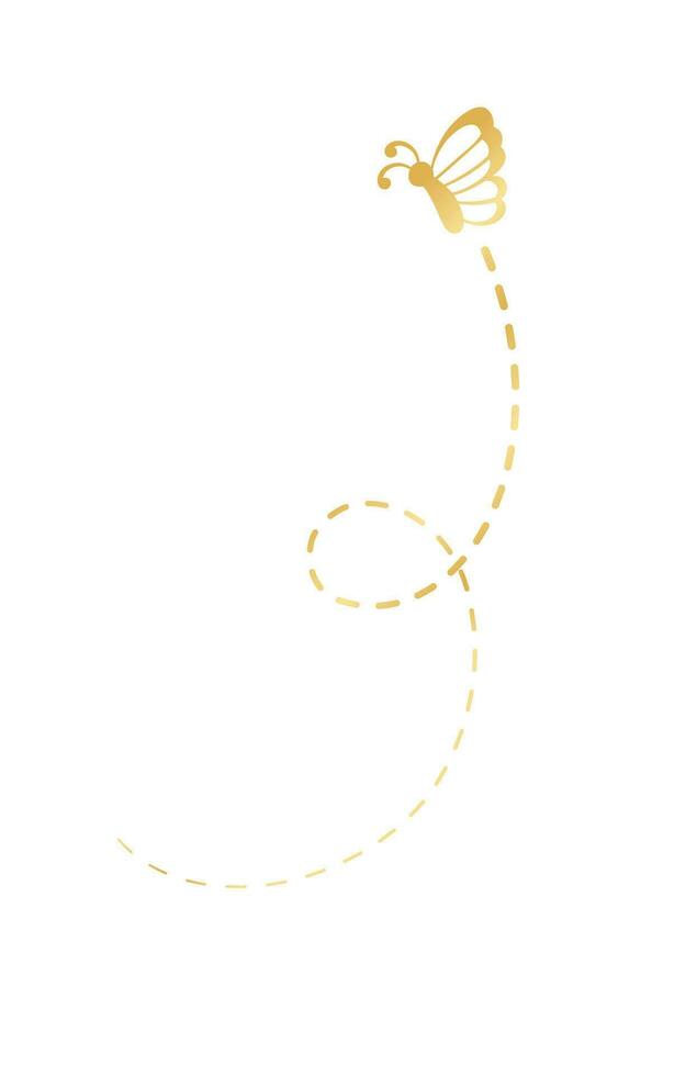 Golden Butterfly with Dotted Line Flight Route. Elegant gold butterfly trail. Vector design elements for spring and summer.