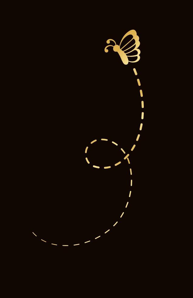 Golden Butterfly with Dotted Line Flight Route. Elegant gold butterflies trail. Vector design elements for spring and summer.