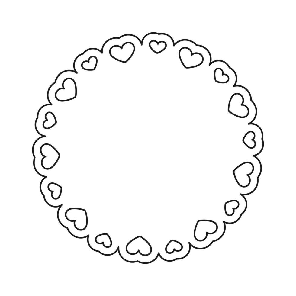 Round scalloped frame with hearts pattern outline line art, Pastel Cute Valentines Frame Border vector