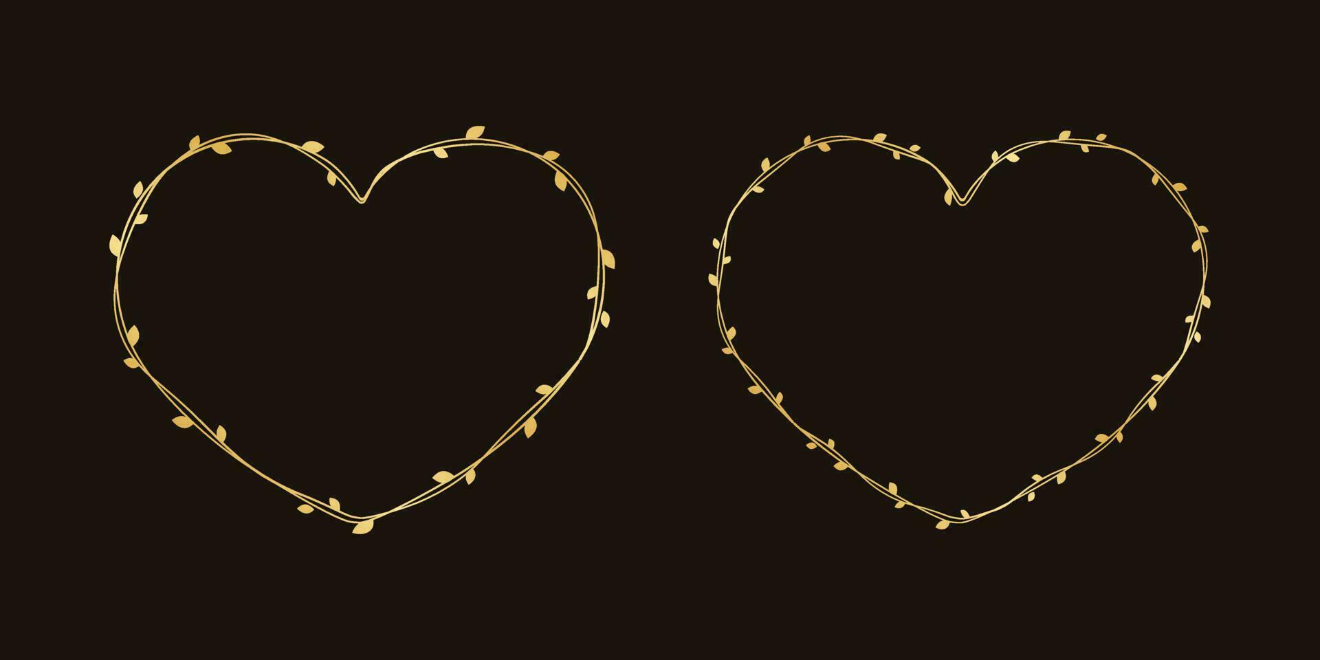 Gold Heart Shape Frame Made of Vine Leaves Set. Floral Valentines Day, Spring Summer Design Element, Love Concept vector
