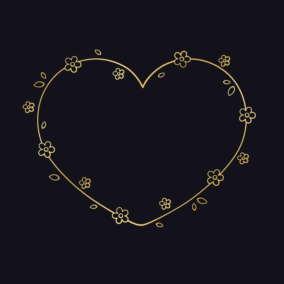 oro corazón floral marco contorno garabatear. san valentin día, primavera frontera plantilla, florecer diseño elemento para boda, saludo tarjeta. vector