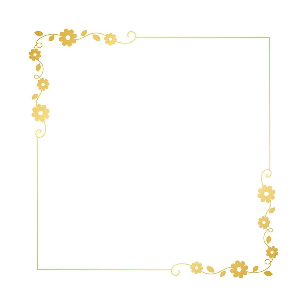 Gold floral square frame. Elegant line border, leaves and flowers, wedding invitation and cards, logo design and posters template. Simple minimal style botanical vector art.