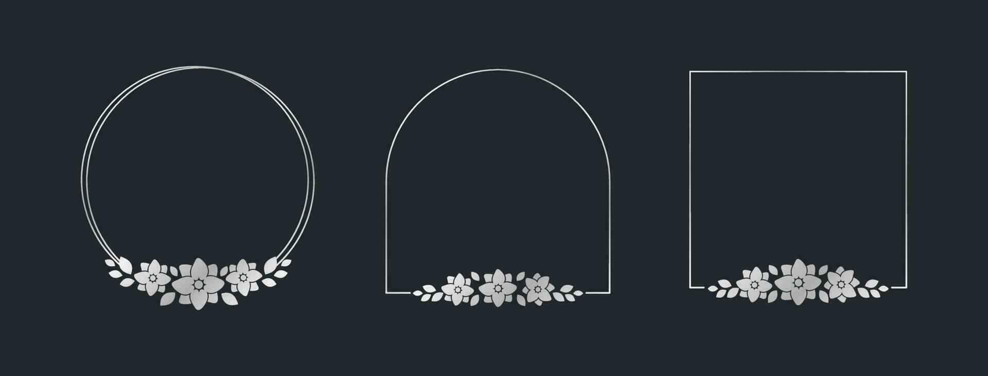 Silver geometric floral frame template set. Luxury golden frame border for invite, wedding, certificate. Vector art with flowers and leaves.