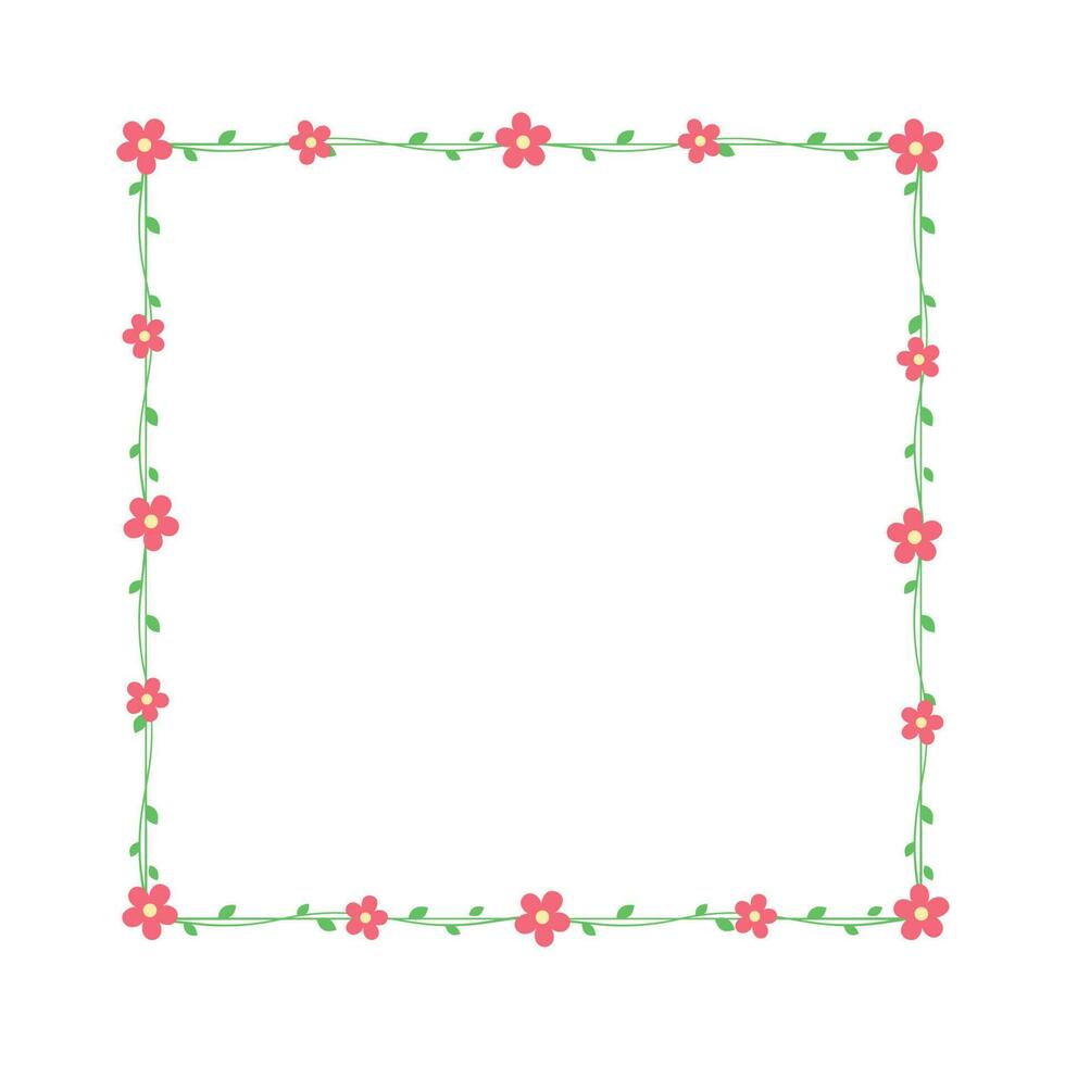 Square red flowers on green vine frames and borders, floral botanical design element vector illustration