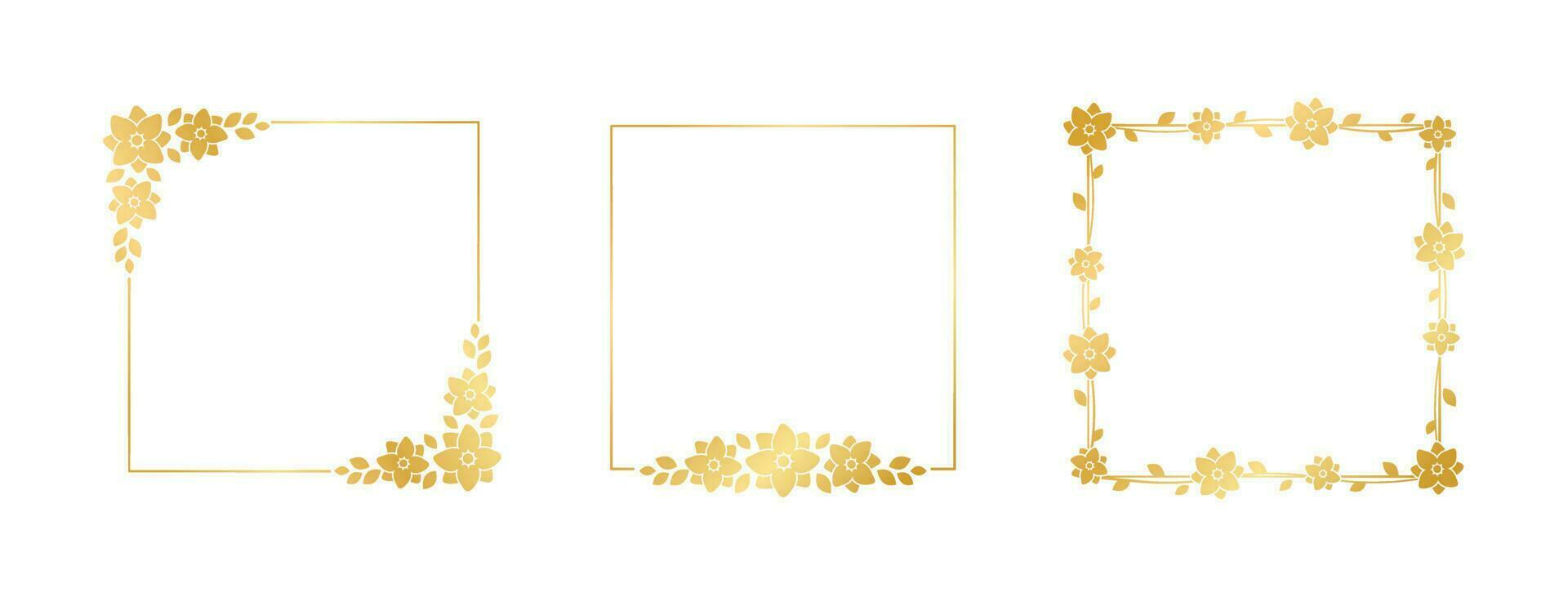 Square gold floral frame collection set. Luxury golden frame border for invite, wedding, certificate. Vector art with flowers and leaves.