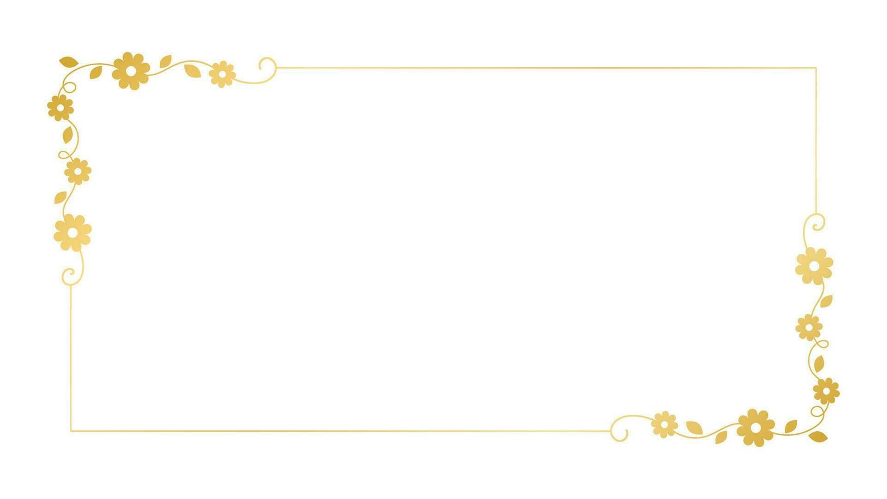 Gold floral rectangle frame. Simple line border, leaves and flowers, wedding invitation and cards, logo design and posters template. Elegant minimal style floral vector isolated