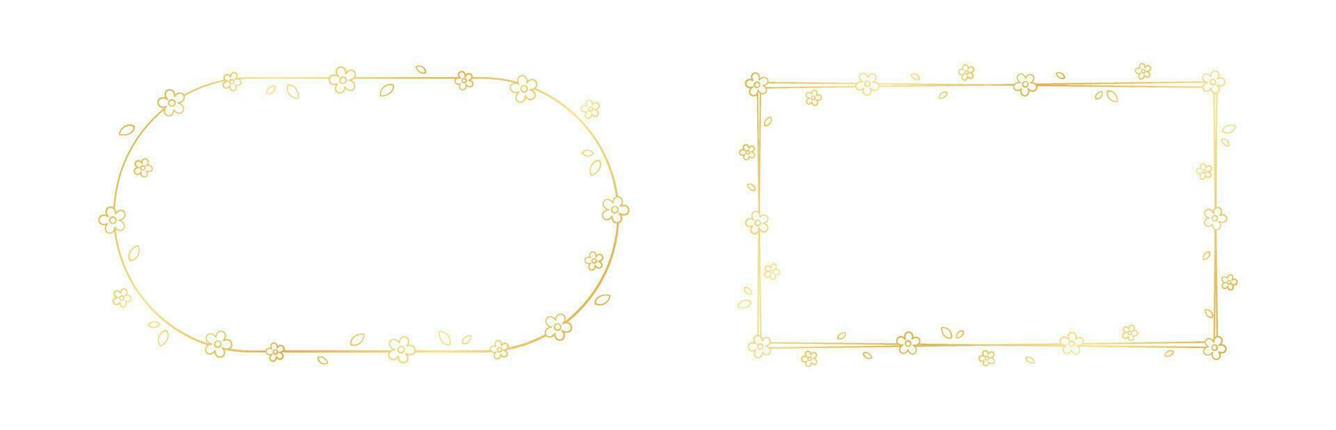Gold Floral Frame Outline Doodle Set. Golden nature border template, flourish design element for wedding, greeting card. vector