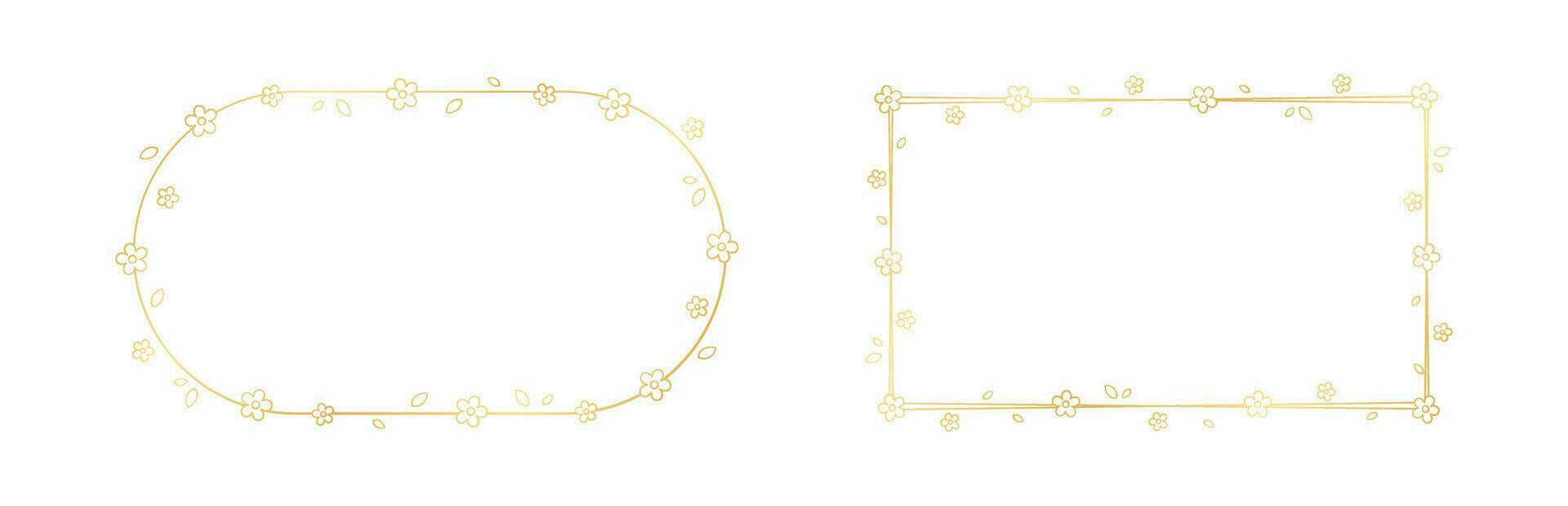 Gold Floral Frame Outline Doodle Set. Golden nature border template, flourish design element for wedding, greeting card. vector