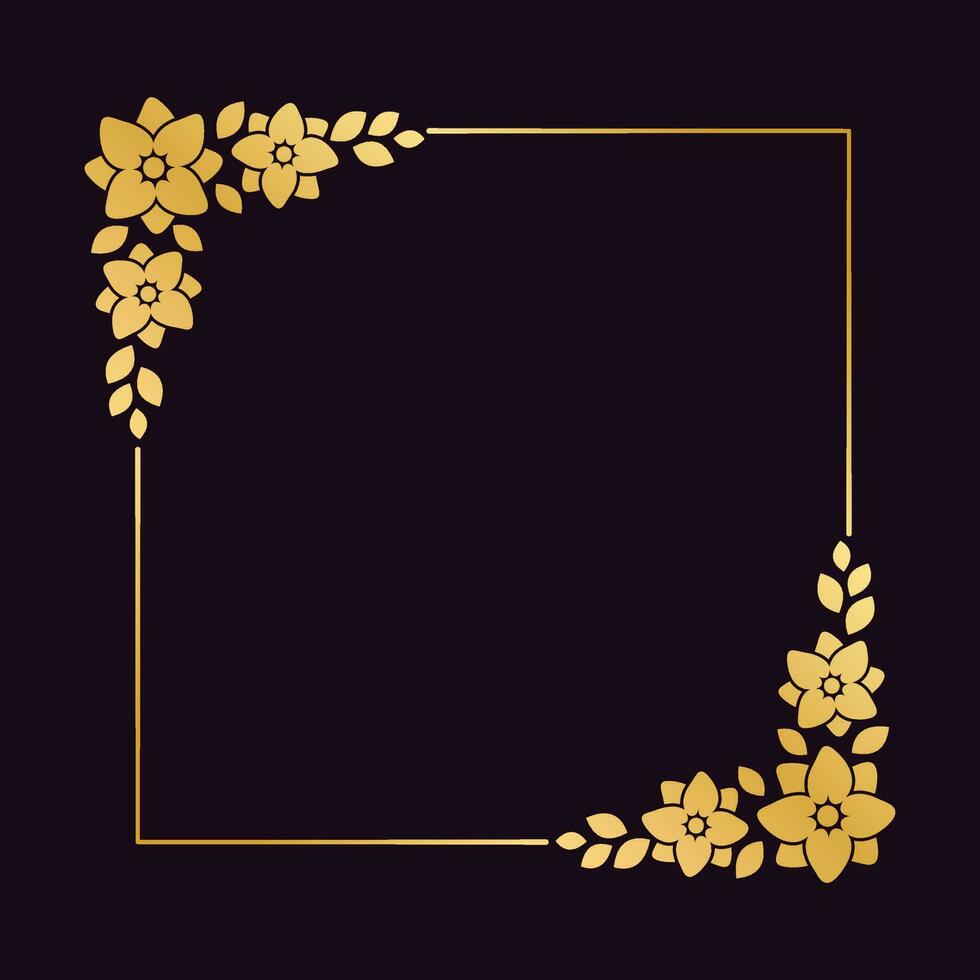 Square gold floral frame template. Luxury golden frame border for invite, wedding, certificate. Vector art with flowers and leaves.