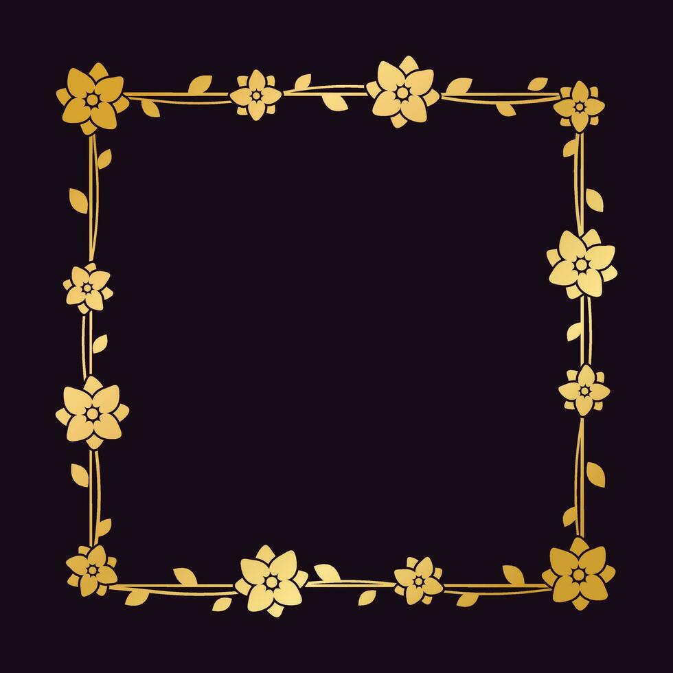 Square gold floral frame template. Luxury golden frame border for invite, wedding, certificate. Vector art with flowers and leaves.