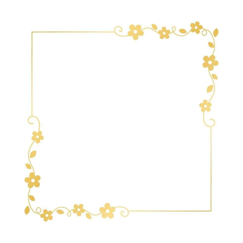 Gold floral square frame. Elegant line border, leaves and flowers, wedding invitation and cards, logo design and posters template. Simple minimal style botanical vector art.