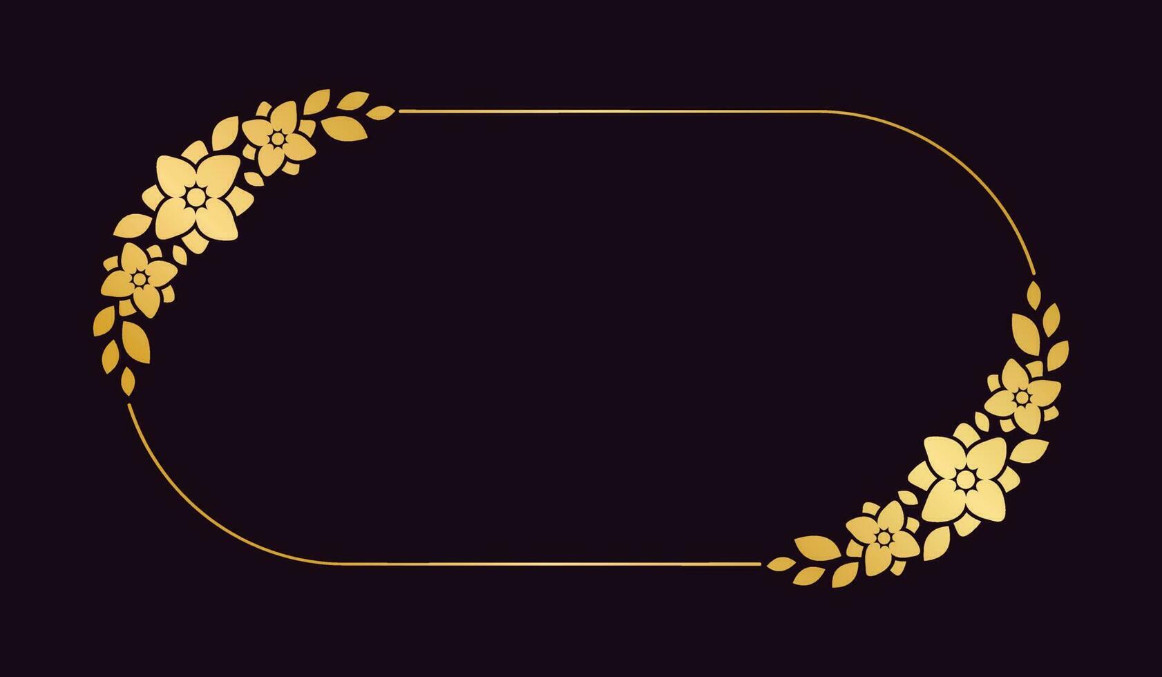 Gold oval floral frame template. Luxury golden frame border for invite, wedding, certificate. Vector art with flowers and leaves.
