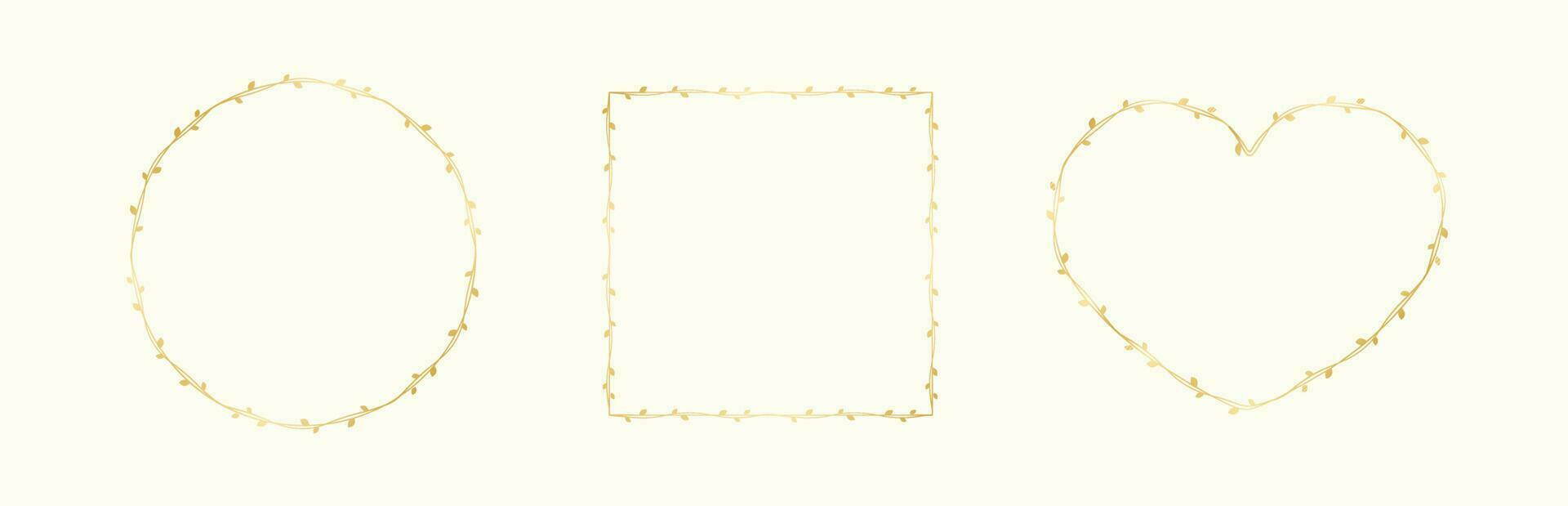 Gold vine frame wedding elegant wreath set. Golden frame with botanical design. Vector isolated illustration.
