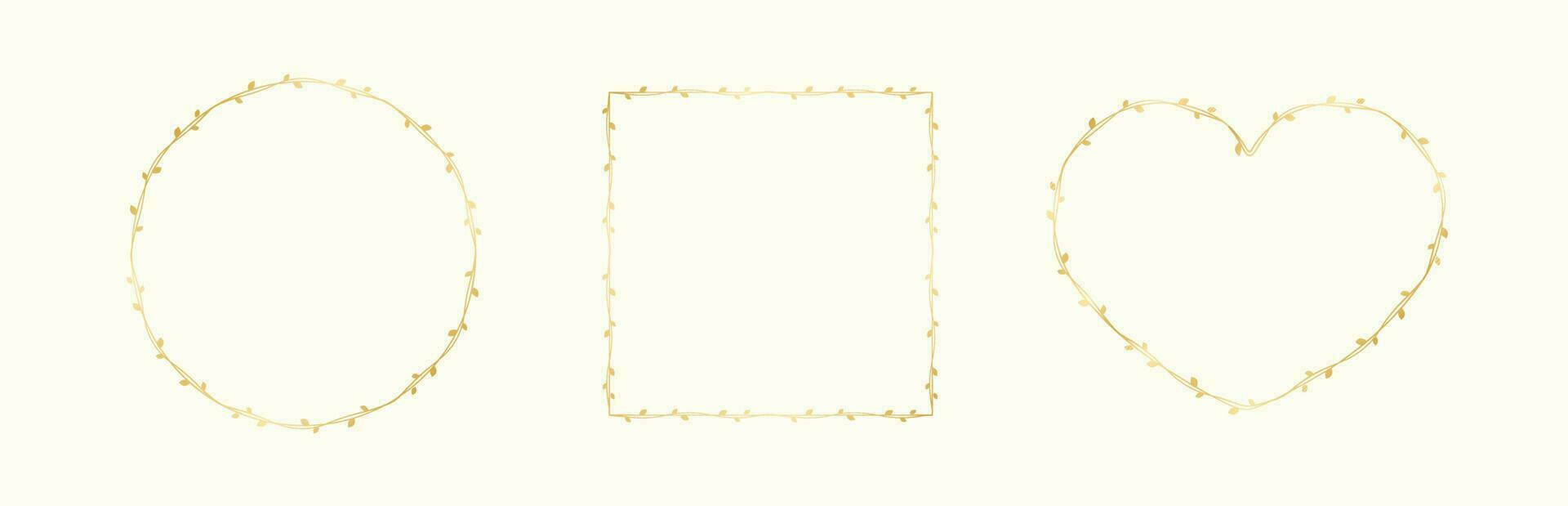 Gold vine frame wedding elegant wreath set. Golden frame with botanical design. Vector isolated illustration.