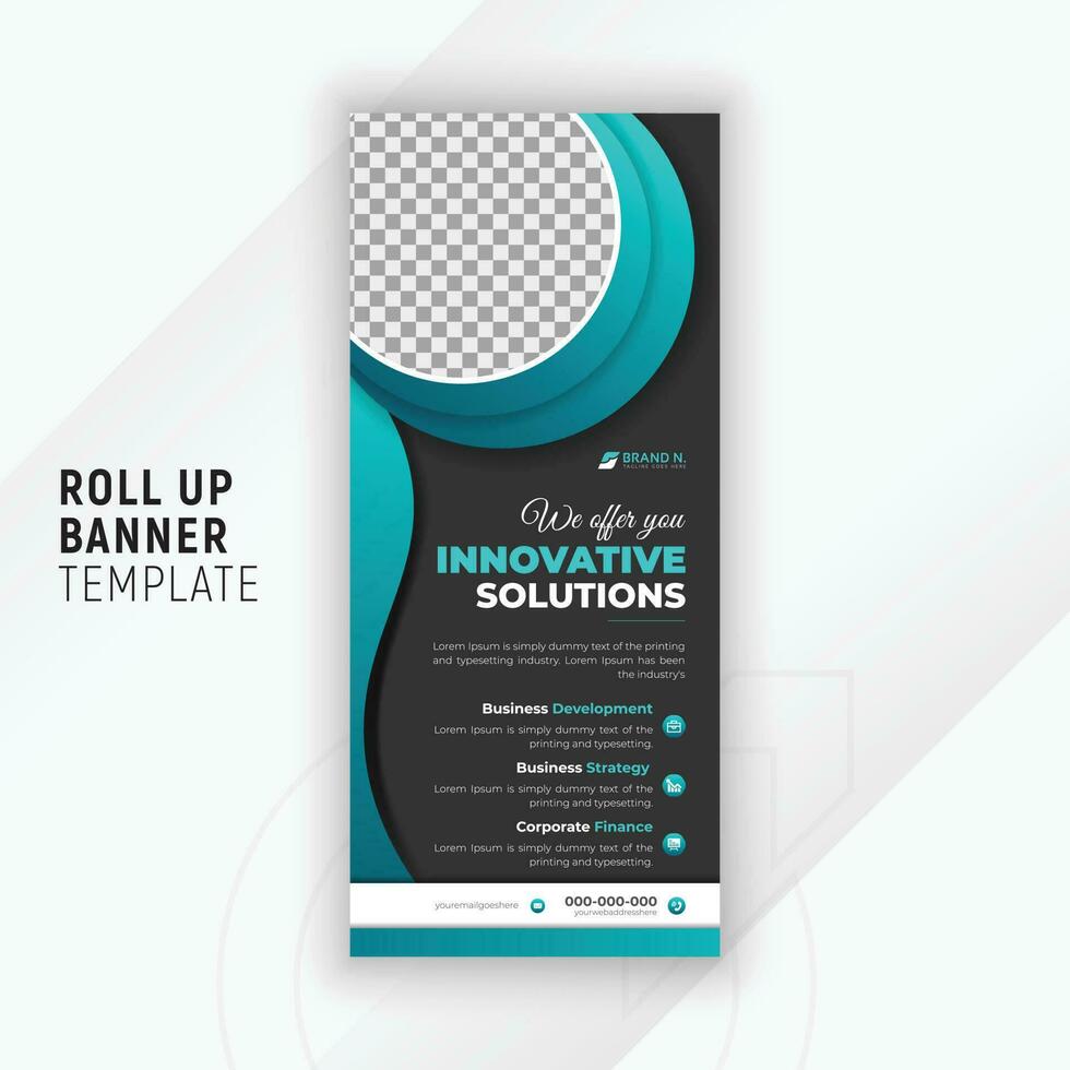 Creative and innovative marketing solutions company banner design roll up or pull up banner with black background vector