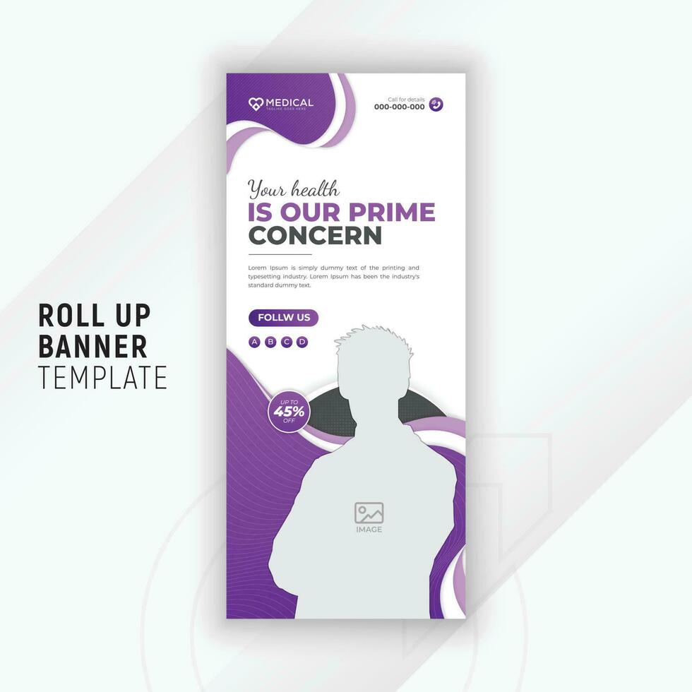 Creative roll up stand banner template design for medical, healthcare, dental care exhibition with abstract purple gradient color shapes for presentation vector