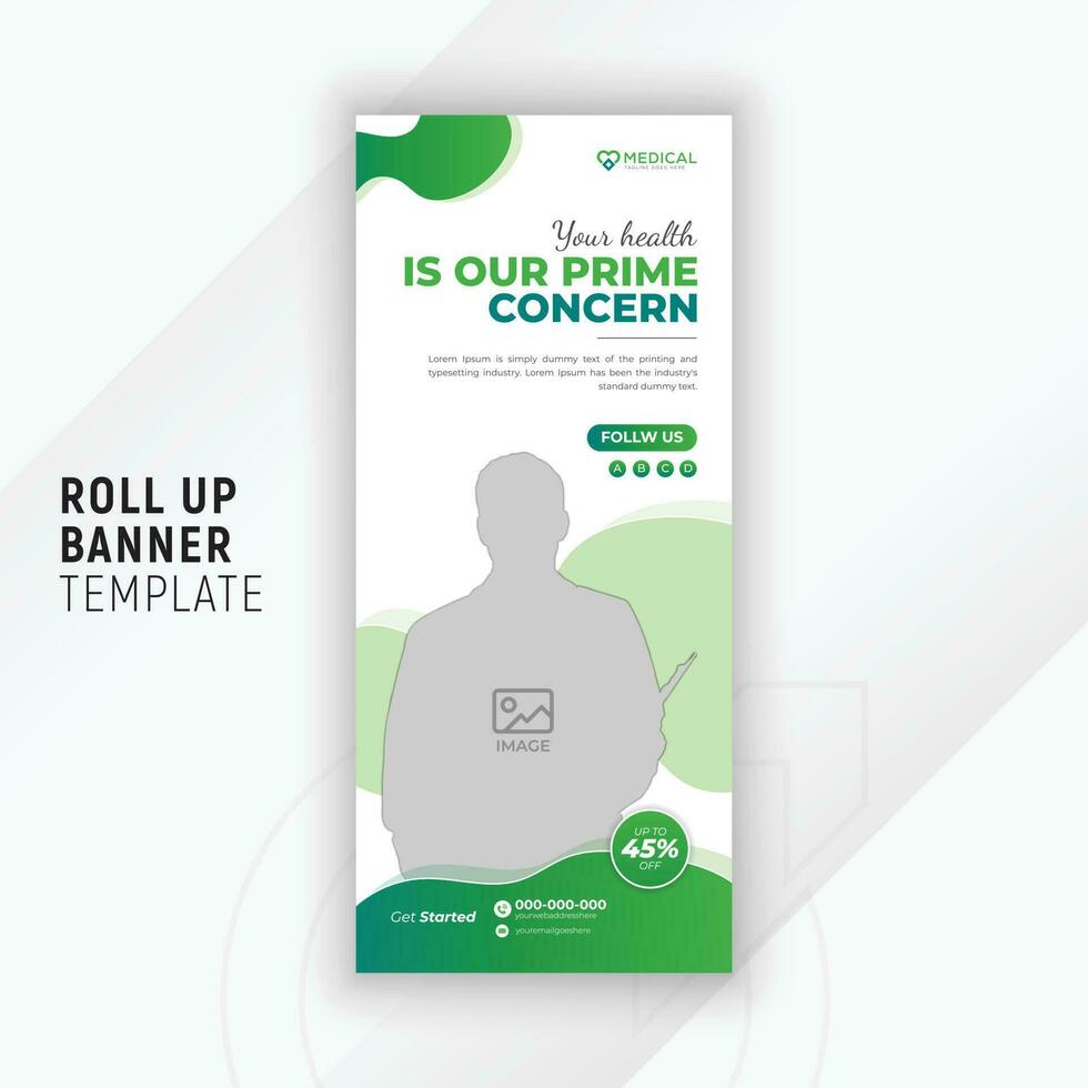 Medical and healthcare roll up design for promotion with white background and gradient shapes vector