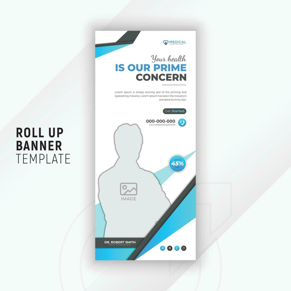 Healthcare and medical rollup or standee banner template design for promotion with geometric shapes and white background vector