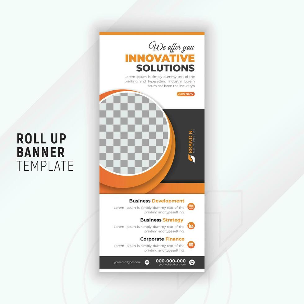 Corporate roll up display stands for business presentation with orange gradient color geometric shapes and white background vector