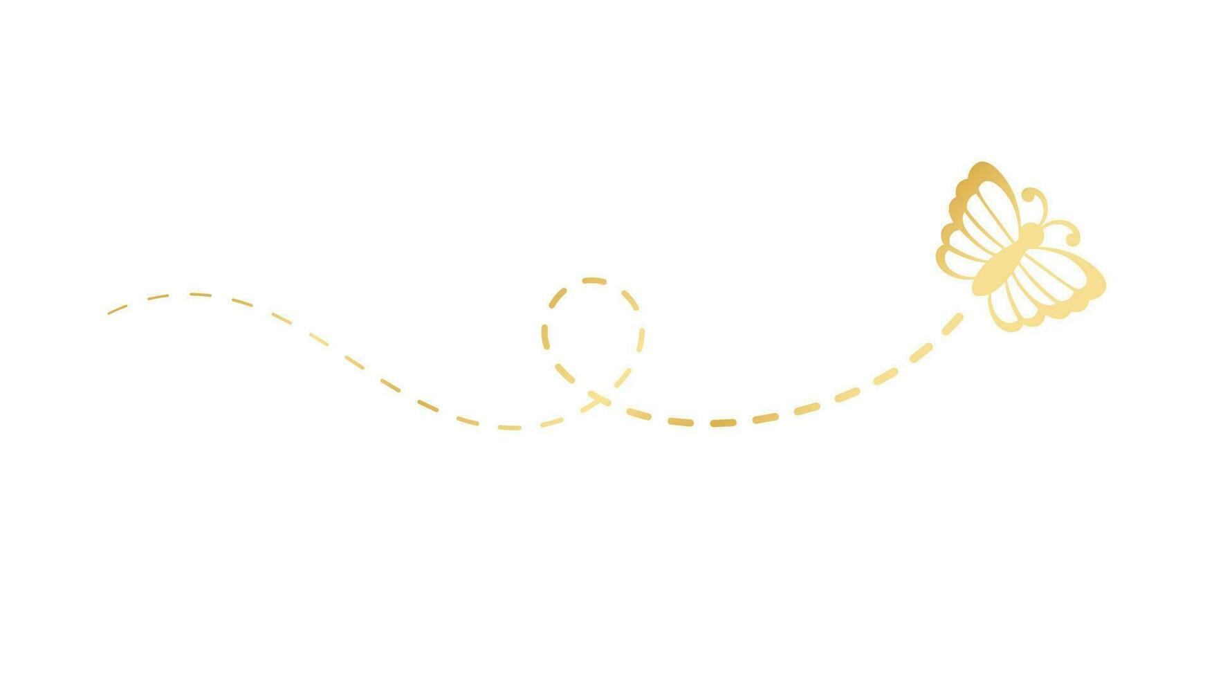 Golden Butterfly with Dotted Line Flight Route. Elegant gold butterfly trail. Vector design elements for spring and summer.